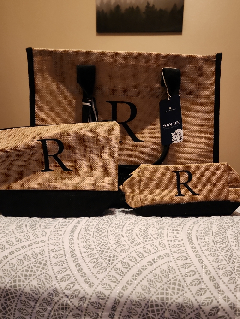 Womens Natural Burlap and Black Travel Bag Set with Monogram R